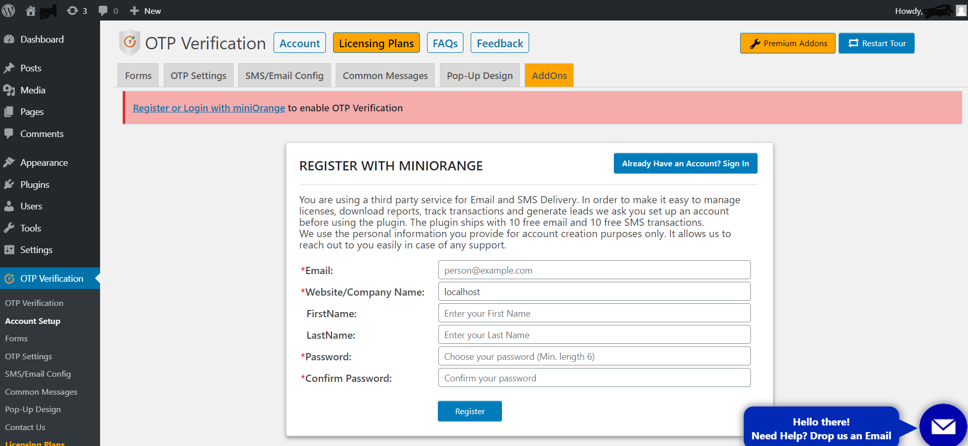 OTP Verification miniOrange registration form