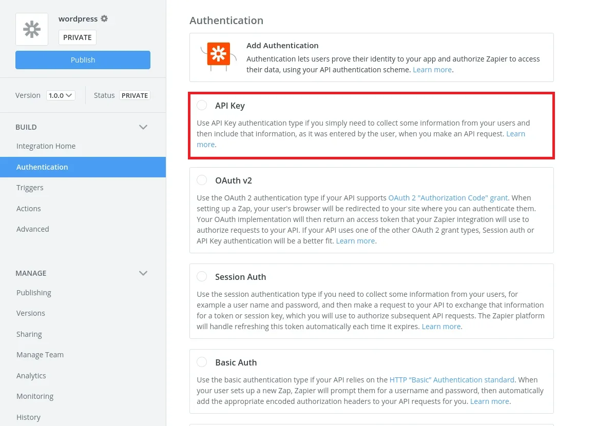 zapier-integration with api key method:Select the Authentication 