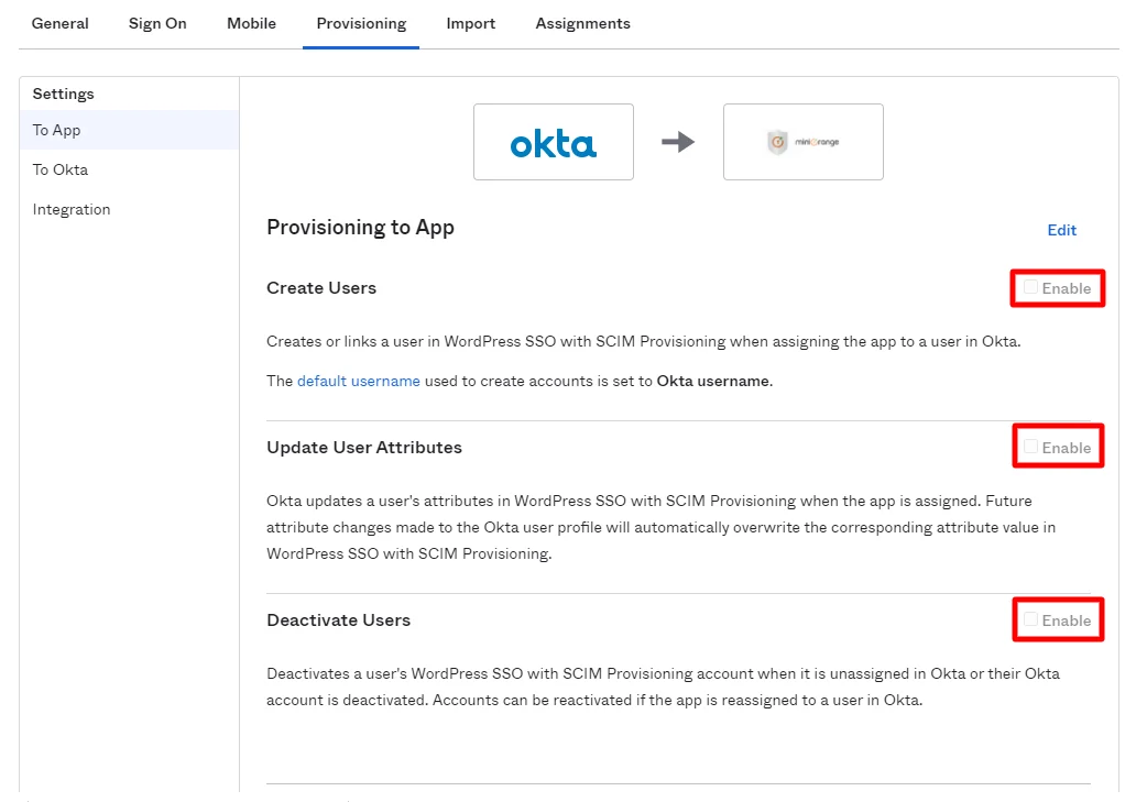 WordPress Okta SCIM User Provisioning | Provisioning to App
