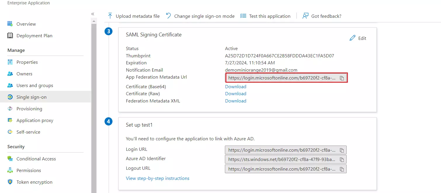 SAML Single Sign-On (SSO) using Azure AD as Identity Provider (IdP),for SAML 2.0 Azure AD Login -App Federation Metadata Url
