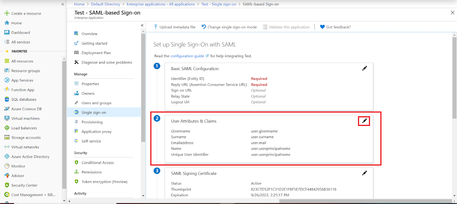 Microsoft Entra ID sso Attributes tab