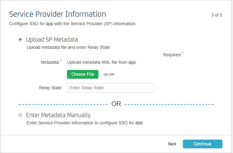 Single Sign on Using CA Identity,CA Identity SSO Login, Provide Service Provider Metadata