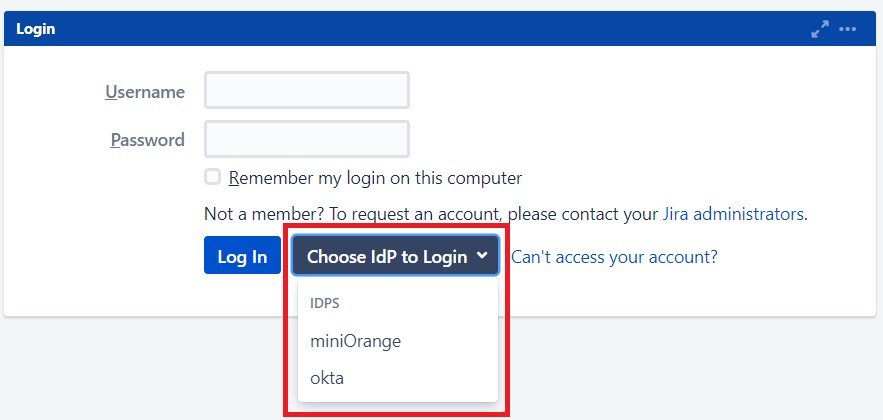 SAML Single Sign On (SSO) dans Jira, liste déroulante sur la page de connexion pour plusieurs IDP