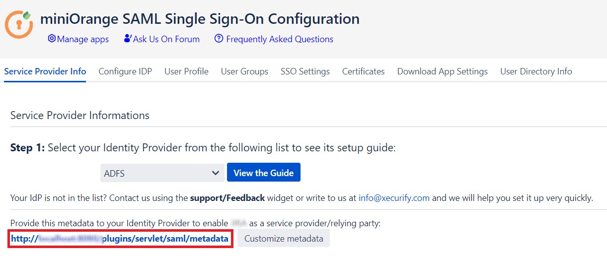 SAML Single Sign On (SSO) using Identity Provider, Service Provider's Metadata Link