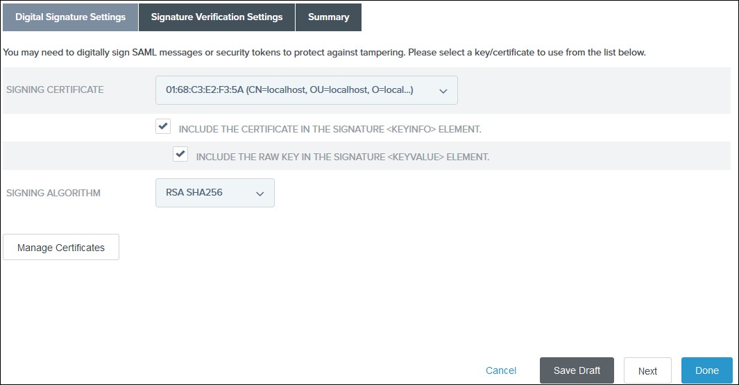 SAML Single Sign On (SSO) using PingFederate Identity Provider, Digital Signature Settings