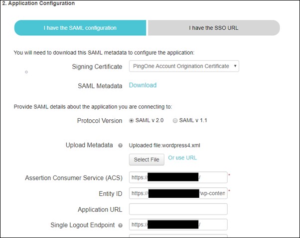 SAML Single Sign On  (SSO) using Ping One Identity Provider, Application Configuration