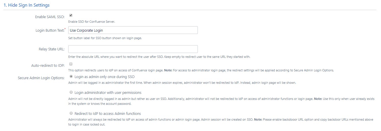 SAML Single Sign On (SSO) into Confluence, Sign In Settings
