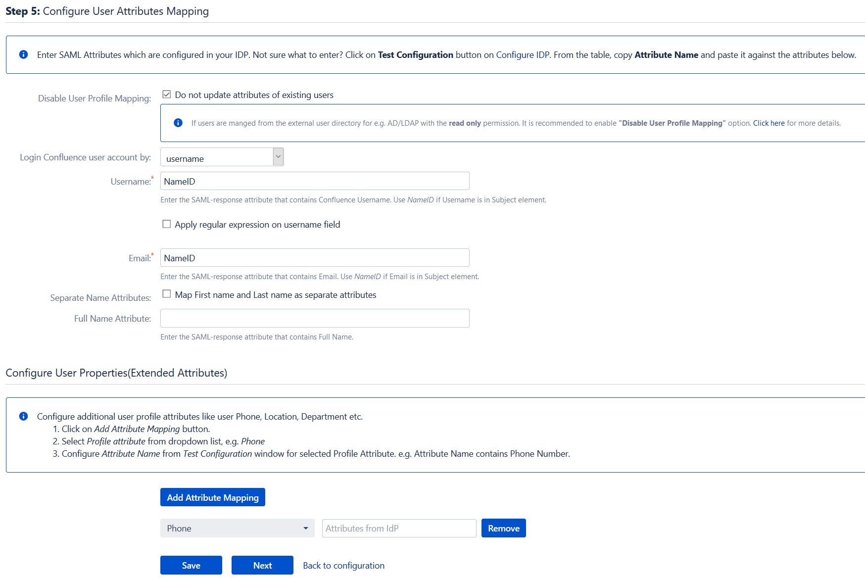SAML Single Sign On (SSO) into Confluence, User profile attribute mapping