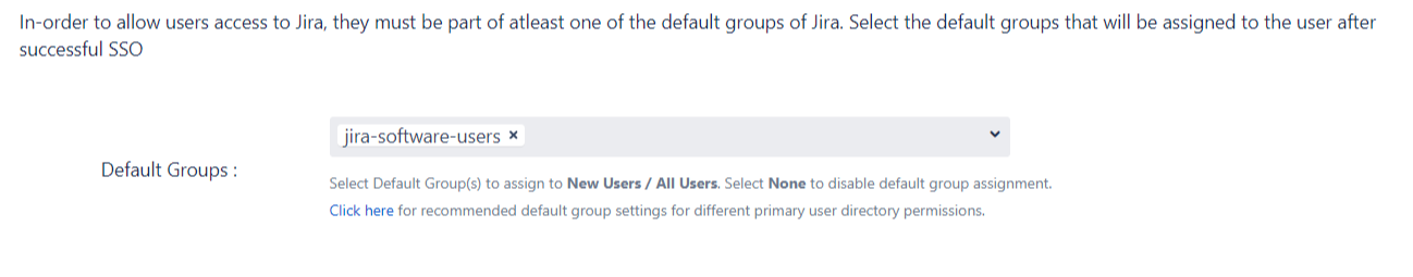 SAML Single Sign On (SSO) into Jira, Quick Setup default groups