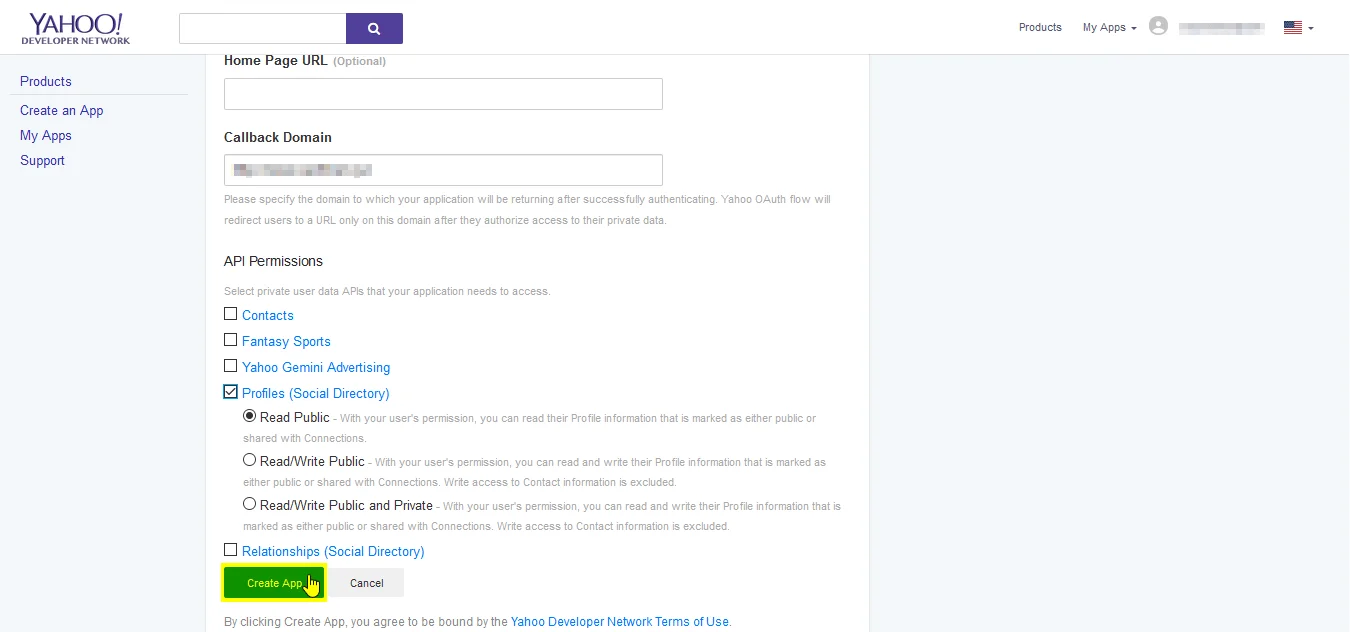 Yahoo sso integration - Enter application name