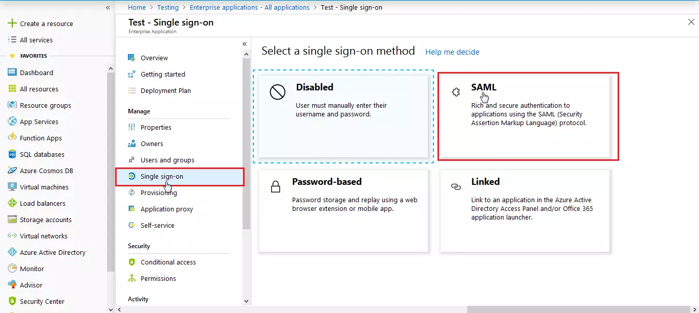 SAML Single Sign-On (SSO) using Azure AD as Identity Provider (IdP),for SAML 2.0 Azure AD Login - Select SAML authentication SSO