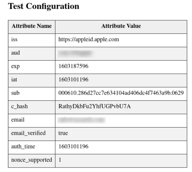 apple single sign-on SSO: test congifuration result