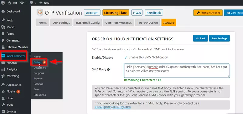 wordpress otp verification addon woocoomerce sms notifications order on hold orders