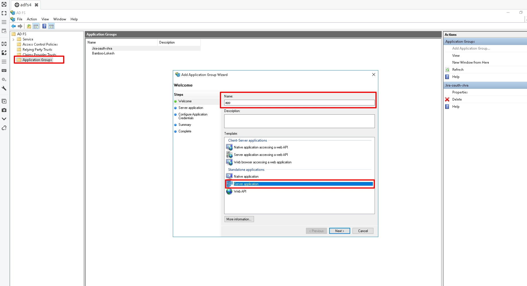 ADFS SSO OAuth / OpenID Single Sign On (SSO) using ADFS, Application Group