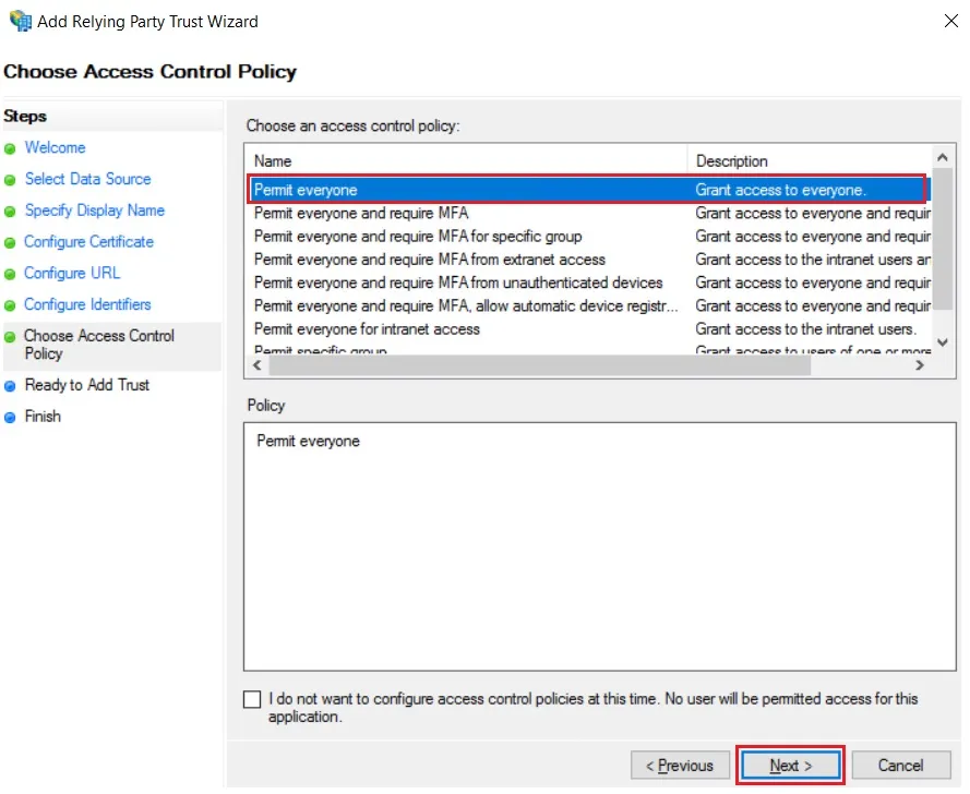 SAML Single Sign On (SSO) using ADFS Identity Provider, Access Control Policy