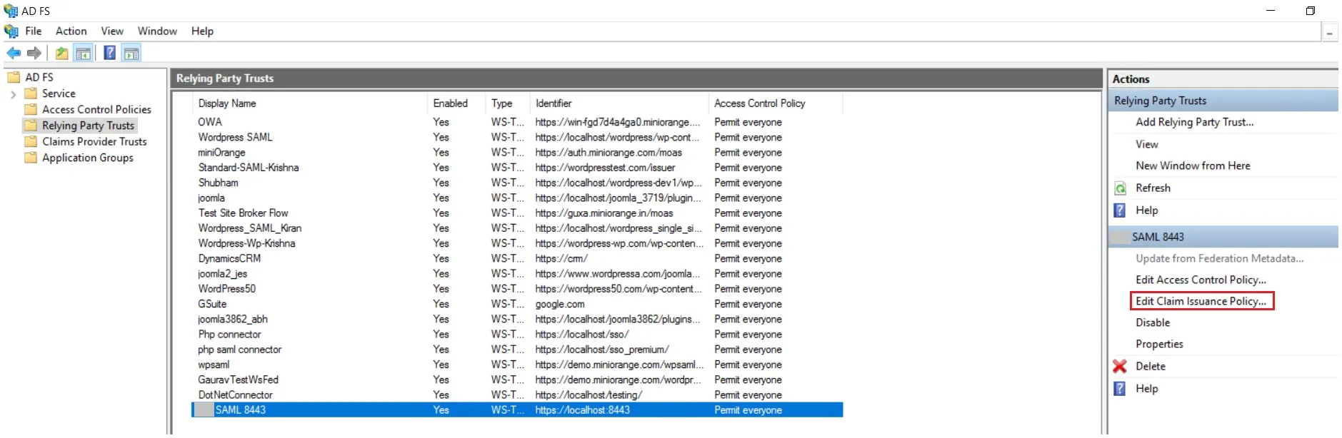 SAML Single Sign On (SSO) mit ADFS-Identitätsanbieter, Anspruchsausstellungsrichtlinie bearbeiten