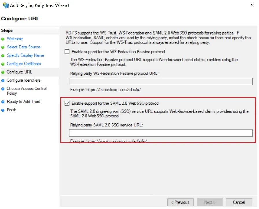 SAML Single Sign On (SSO) mit ADFS Identity Provider, Unterstützung für das SAML 2.0 WebSSO-Protokoll