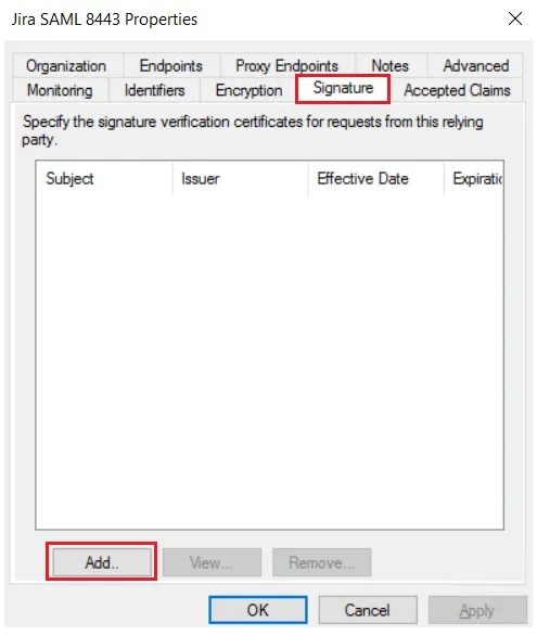 SAML Single Sign On (SSO) mit ADFS-Identitätsanbieter, Zertifikat hinzufügen