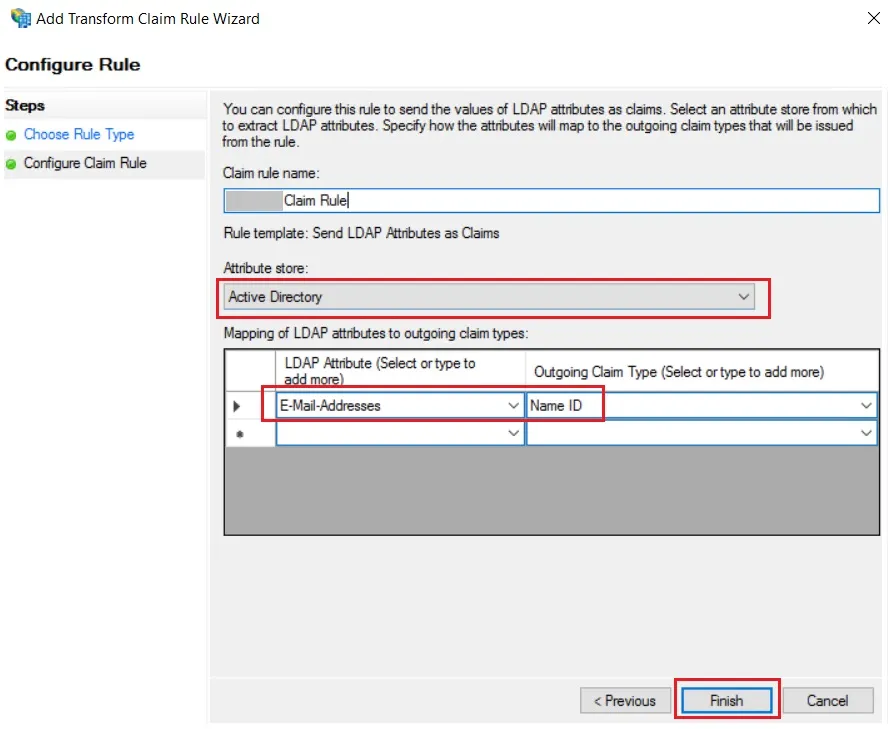 SAML Single Sign On (SSO) med ADFS Identity Provider, Add Transform claim rule wizard