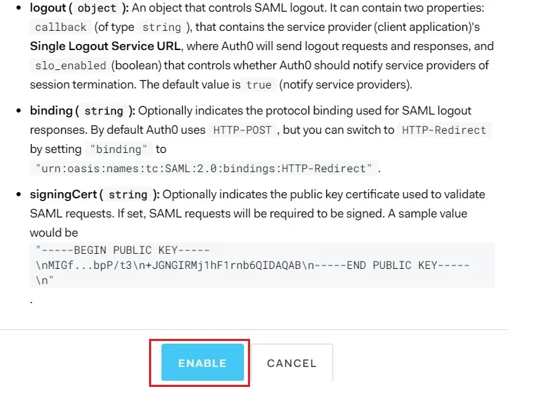 SAML Single Sign On (SSO) using Auth0 Identity Provider, Enable window 