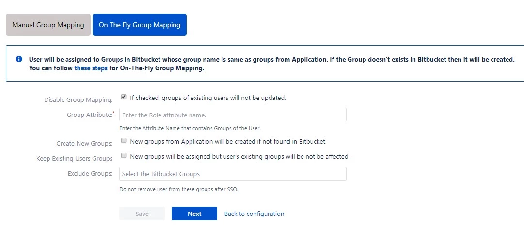 OAuth / OpenID Single Sign On (SSO) till Bitbucket Service Provider, On the fly-gruppmappning