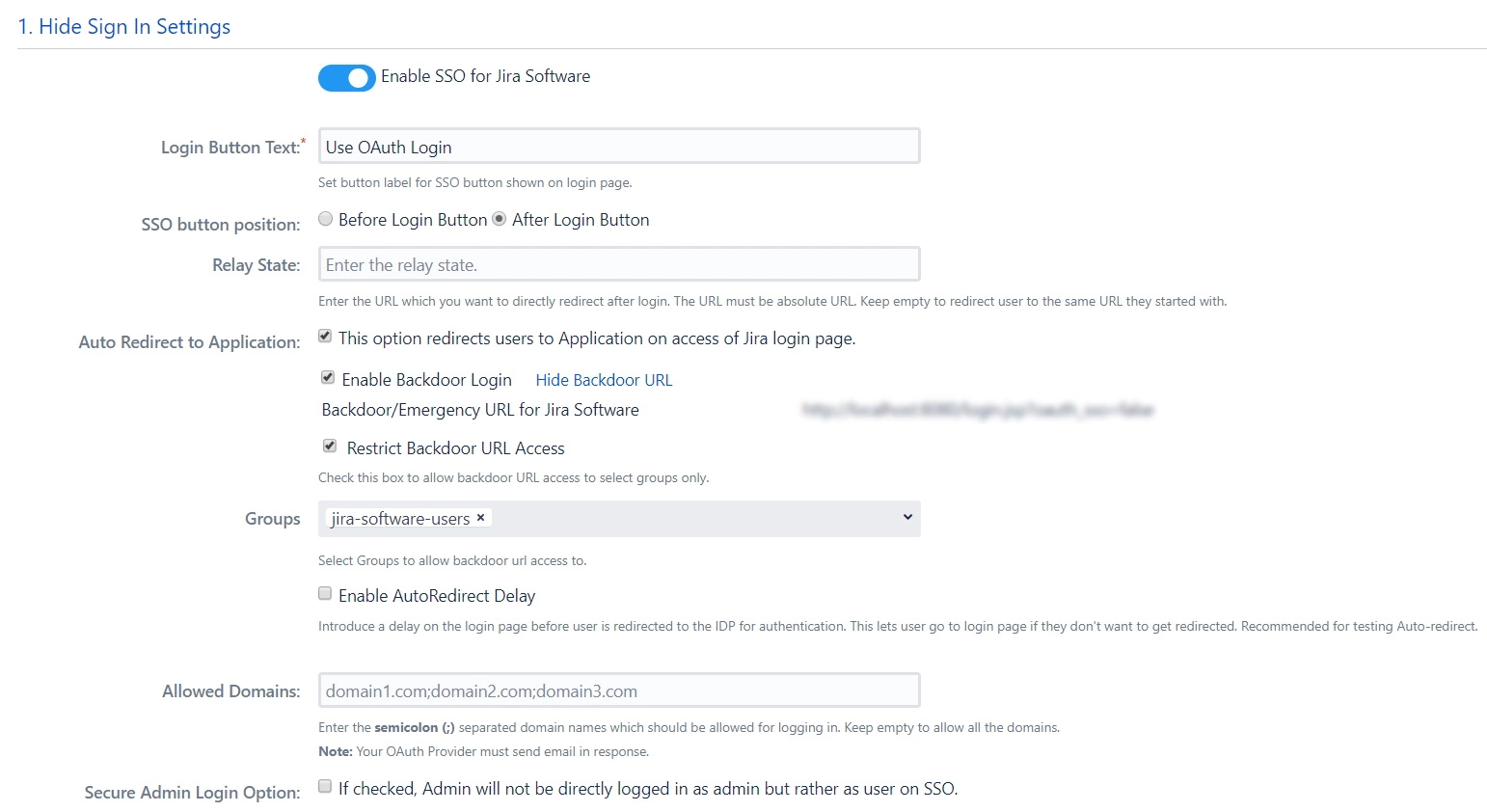 OAuth / OpenID Single Sign On (SSO) into Jira , Sign In Settings