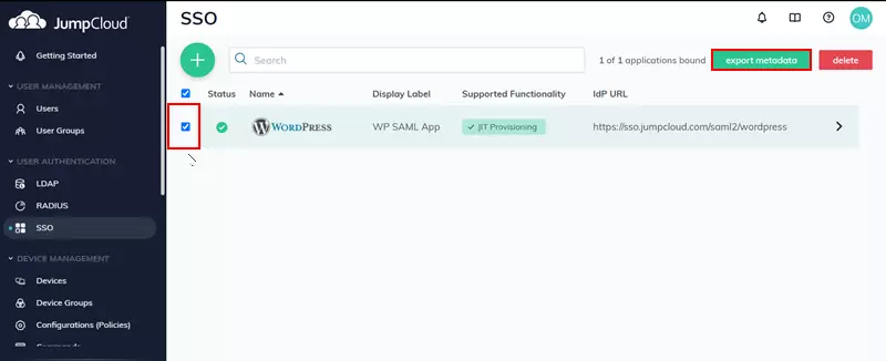 Configure JumpCloud as IDP - SAML Single Sign-On(SSO) for WordPress - JumpCloud SSO Login export metadata