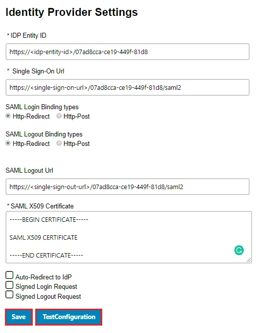 ASP.NET PingFederate SAML SSO - idp settings
