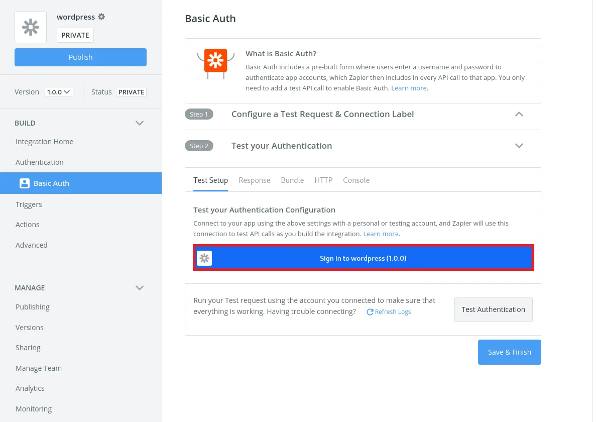 zapier integration with basic authentication:sign-in