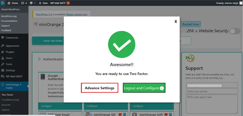 Click On Advance Settings button for advanced security setup