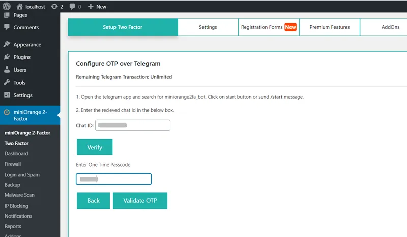 OTP for Telegram login - Configure Otp Over Telegram Page