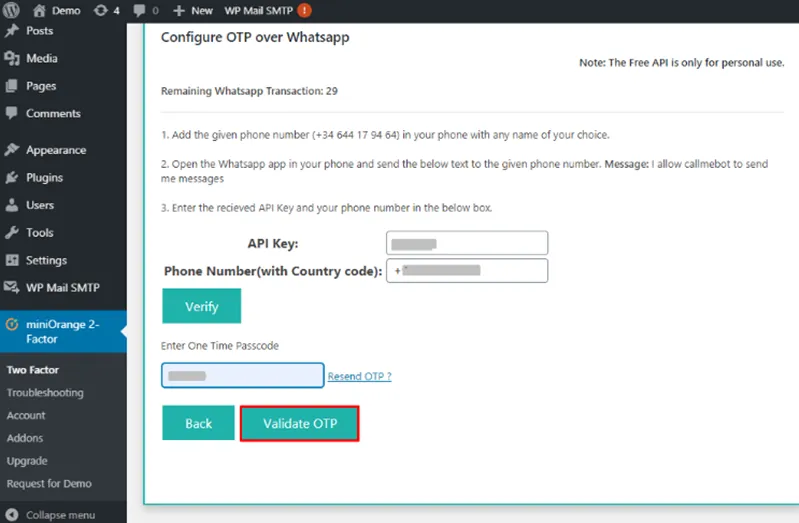 Validate Otp received on WhatsApp
