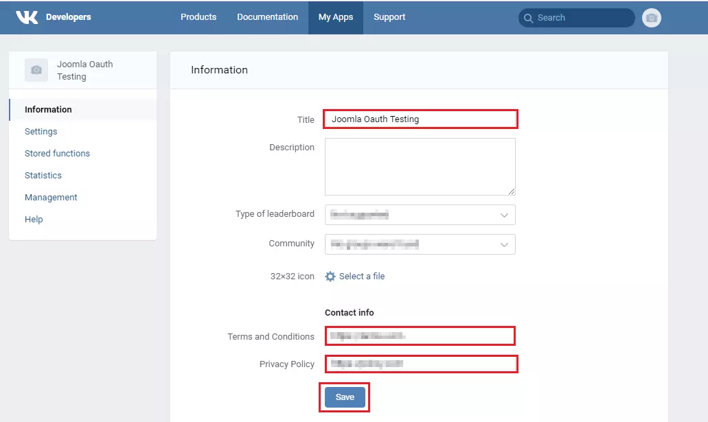 Vkontakte OAuth SSO with Joomla | Vkontakte Single Sign-On, App Details and Save
