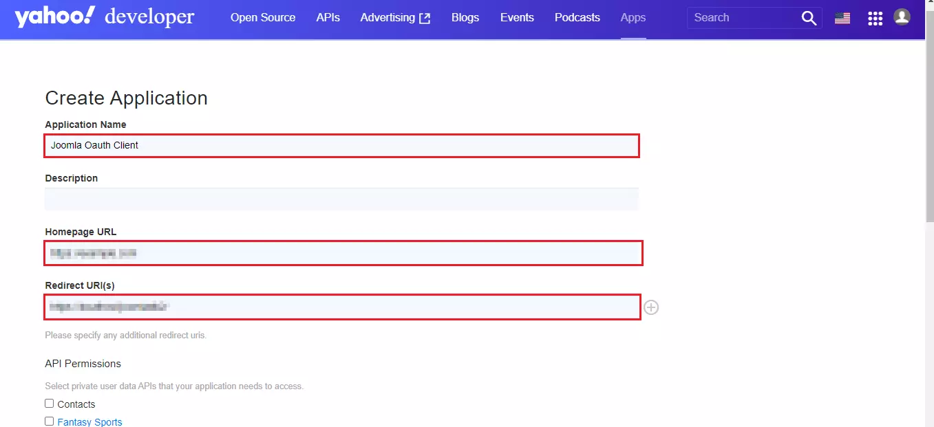 Yahoo Single Sign-On OAuth SSO into Joomla, Enter application name