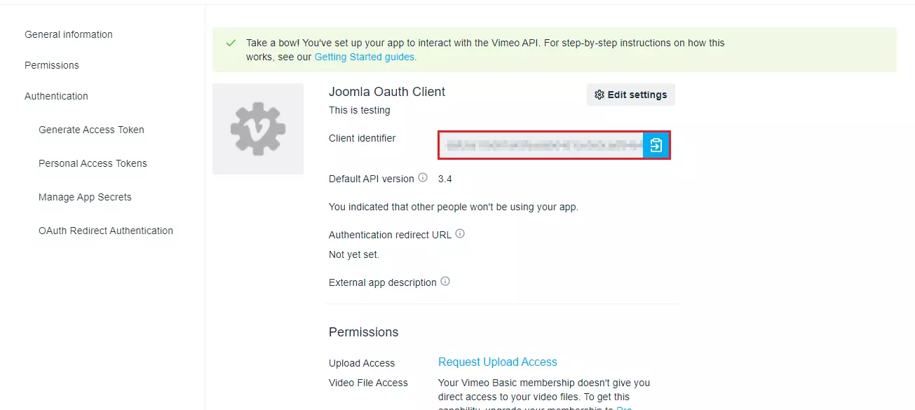 Vimeo OAuth OpenID Connect with Joomla | Single Sign-On with Joomla using Vimeo, Client ID