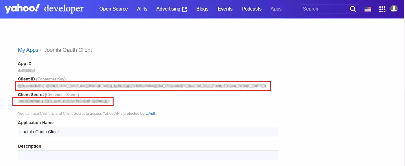 Yahoo Single Sign-On OAuth SSO into Joomla, get clientid secret