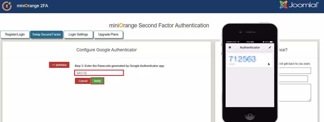 Joomla 2 Factor authentication (2FA) (MFA) with Google Authenticator, Enter the Passcode