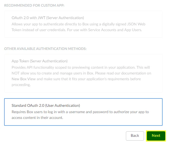 Box SSO Select Standard OAuth2.0 (User Authentication)