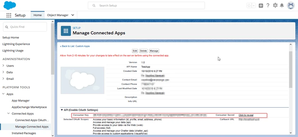 Salesforce SSO integartion - Copy the consumer key and consumer secret from salesforce application