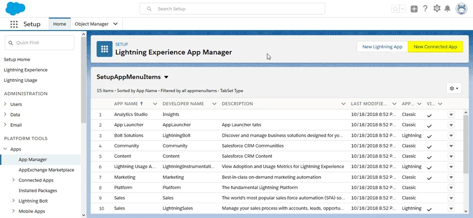 Salesforce SSO integartion - Click on New Connected App