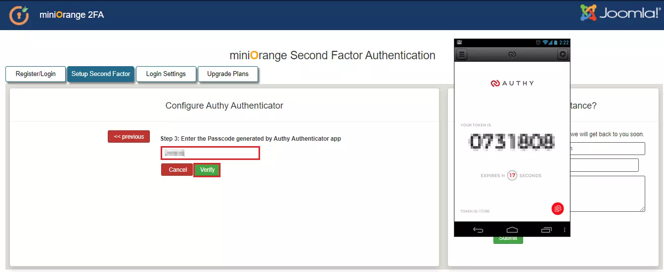 Joomla 2 Factor Authentication (2fa) (MFA) Authy Authenticator Enter the Passcode