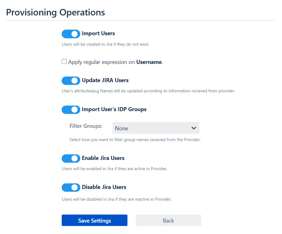 Select provisioning operations for OneLogin