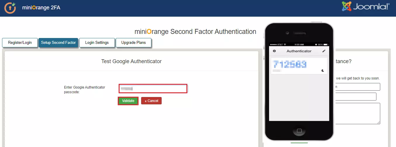 Joomla 2 Factor authentication (2FA) (MFA) with Google Authenticator, Enter the Passcode