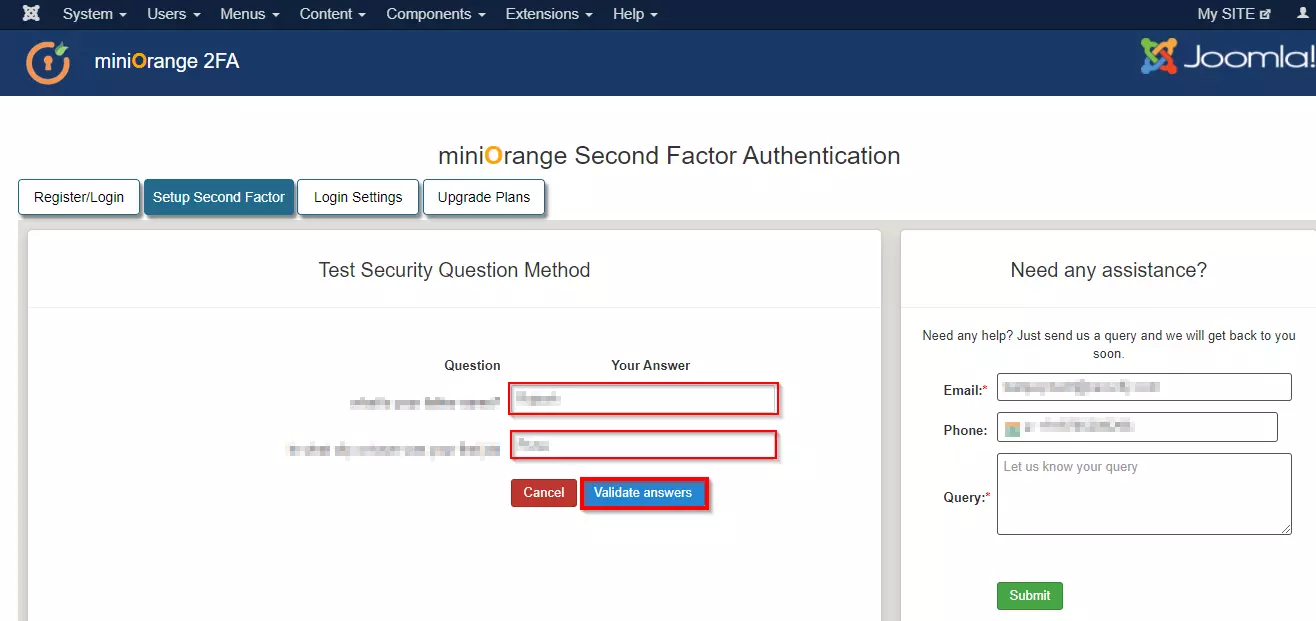 Joomla 2FA Security Questions Enter the Passcode