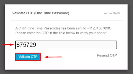 OTP Verification enter otp validate button Register using Phone number