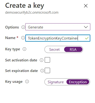 SAML Single Sign-On (SSO) using Azure AD B2C as Identity Provider (IdP),for SAML 2.0 Azure AD B2C,Create the encryption key