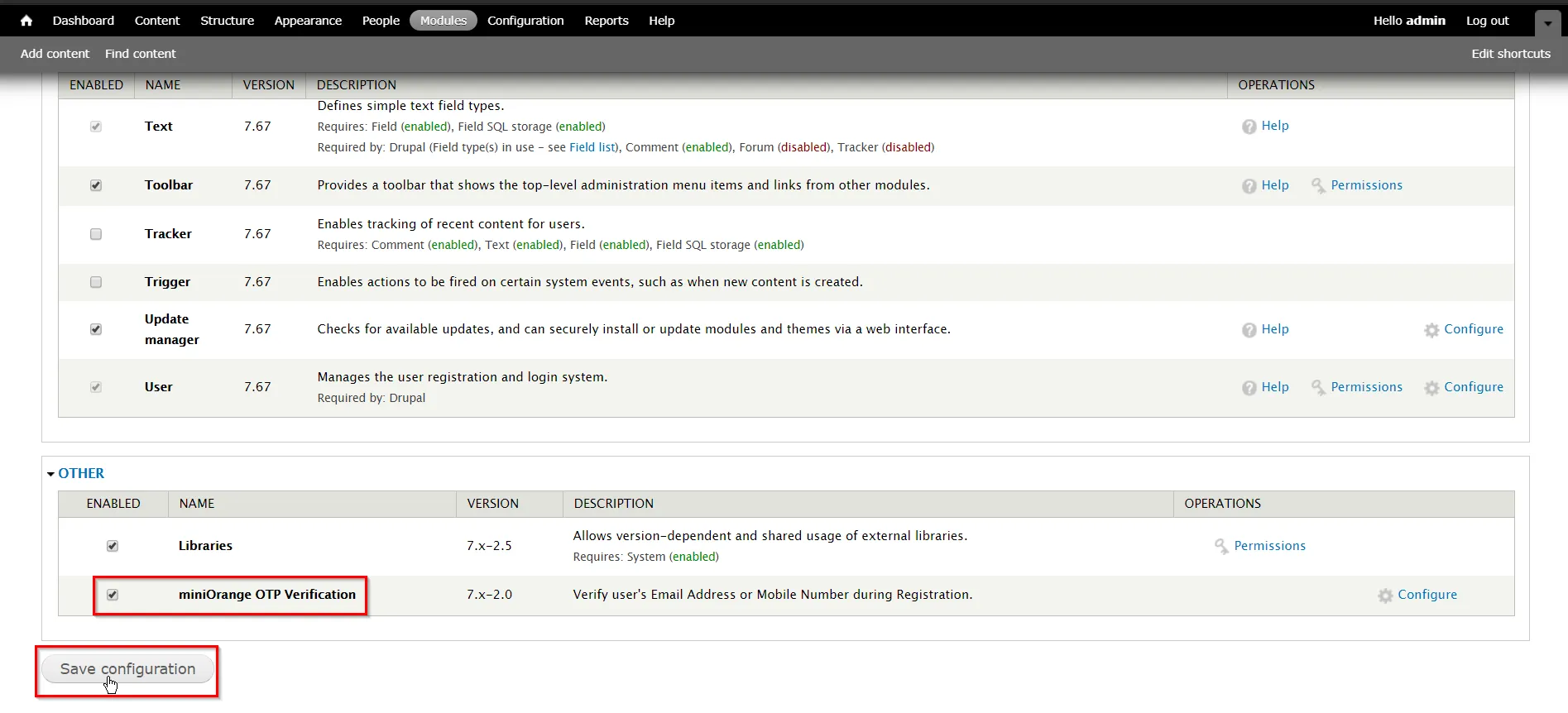OTP_sso_Module page of the drupal console 