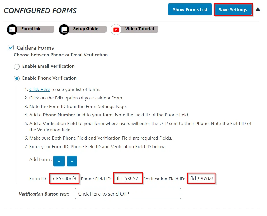 Verificación OTP ID de Caldera Place