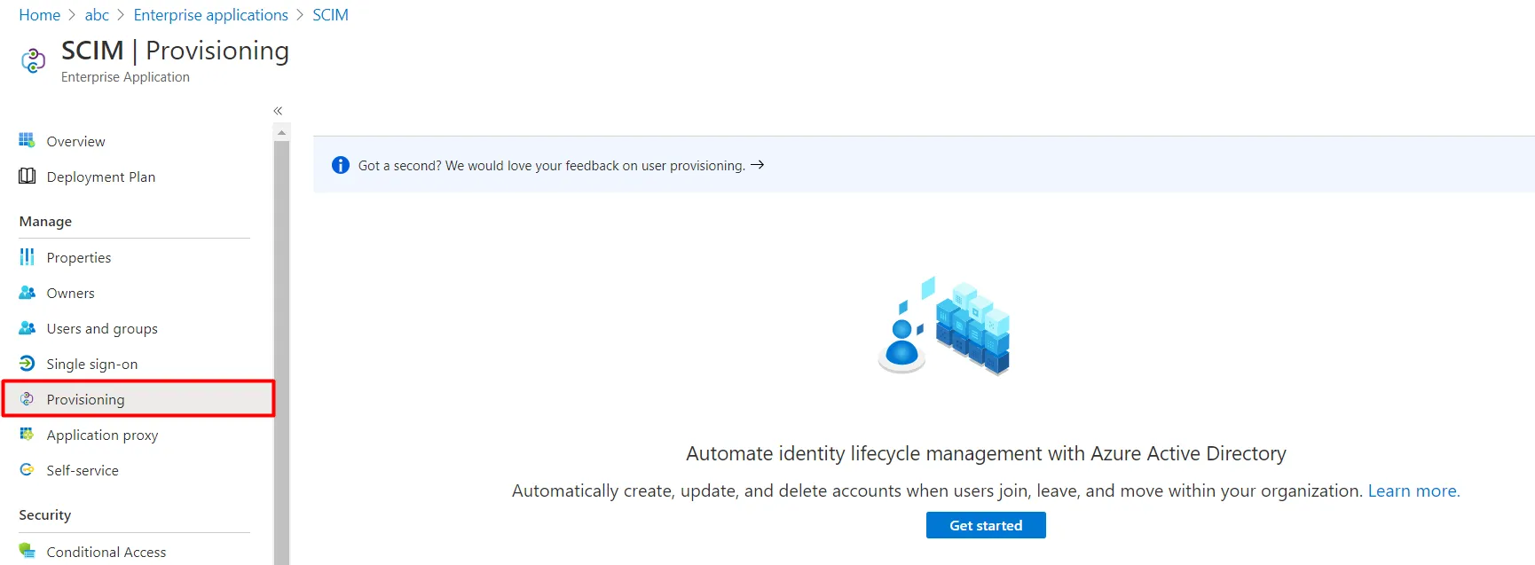 User provisioning with Azure AD of SCIM Standard- Provisioning screen to manage user account