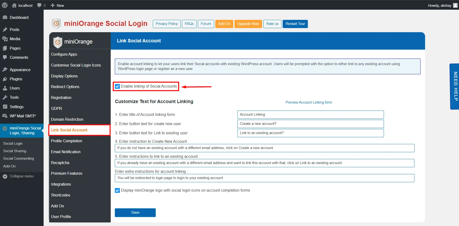 social login enable Account link Social